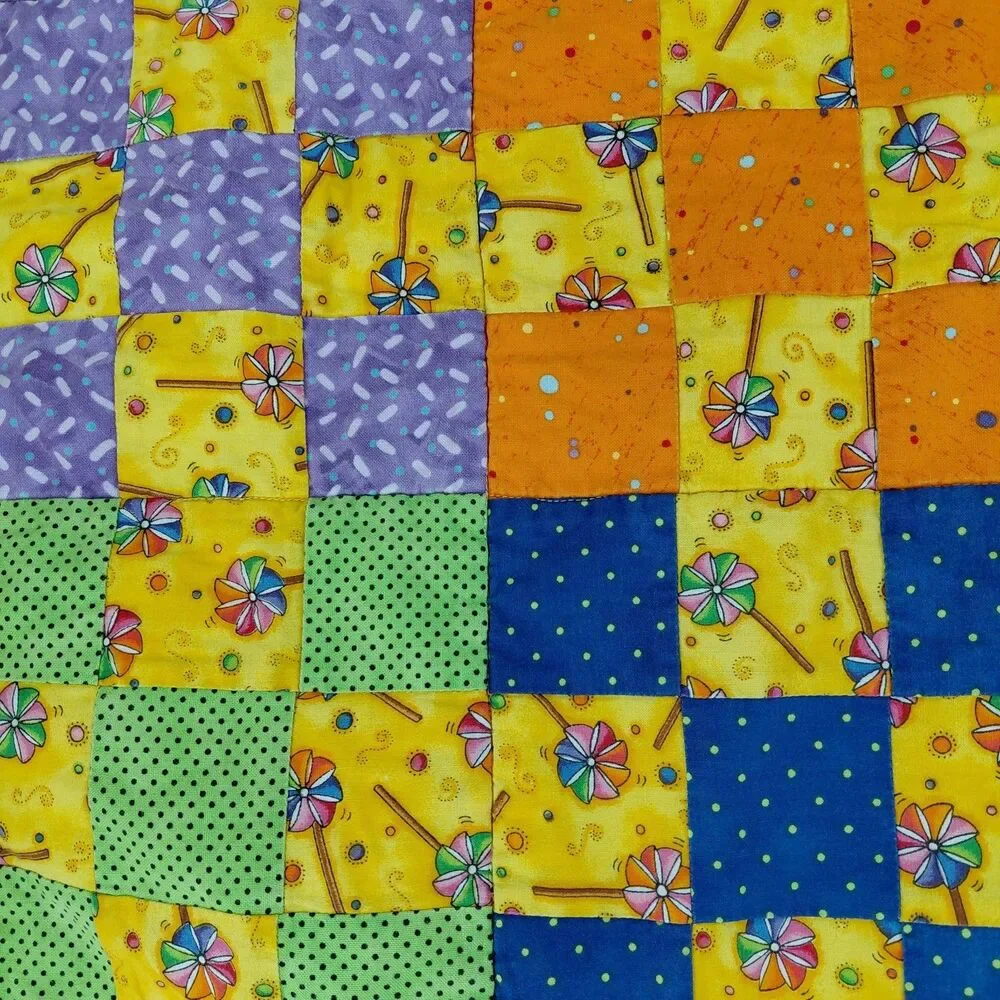 Handmade Baby Lap Picnic Wall Quilt Bright Summer Pinwheel Cotton Yellow Green